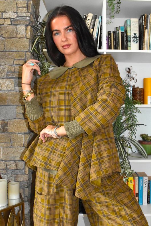 Heritage Needlecord Plaid Swing Top Mucky Olive & Camel
